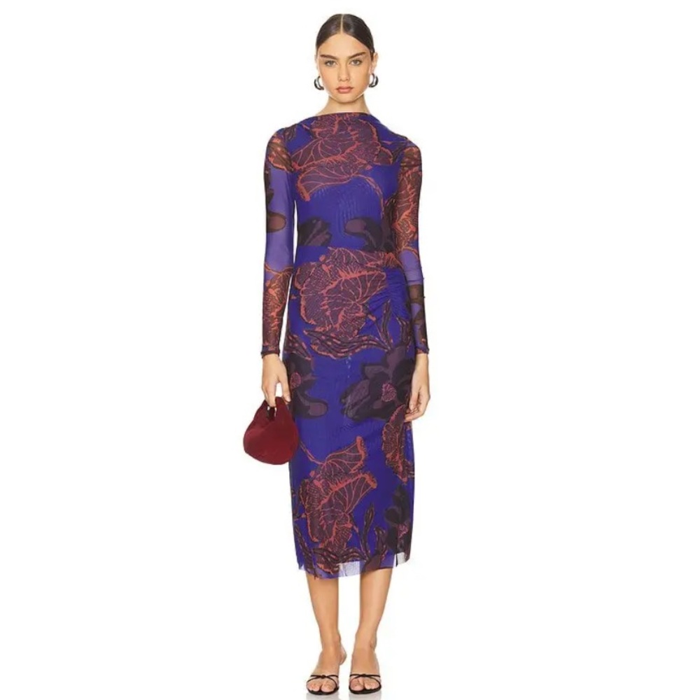Cleobella Katya Dress in Blue/Purple, Red Floral, Mesh Rouched Waist Long Sleeve
